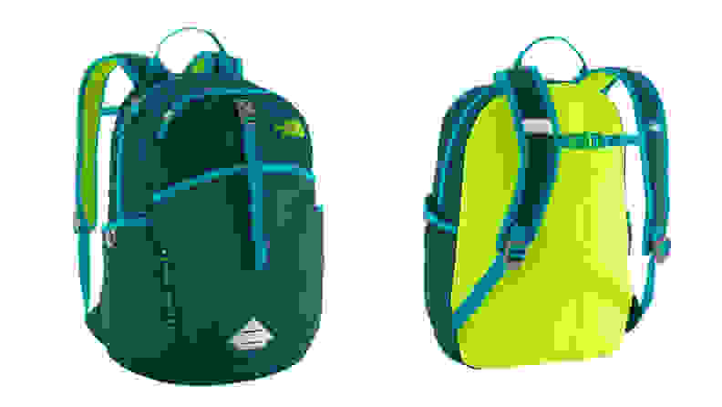 A green and yellow North Face bag shown in front and rear profile.