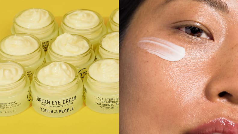 On the left: Several tiny yellow jars of eye cream grouped together. On the right: A closeup of someone's face with cream under their eye.