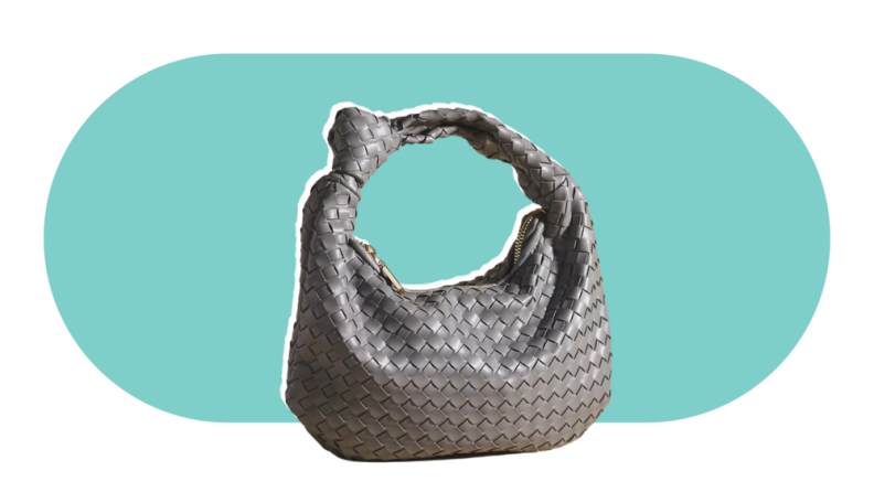 A woven gray handbag with a knot in the handle.