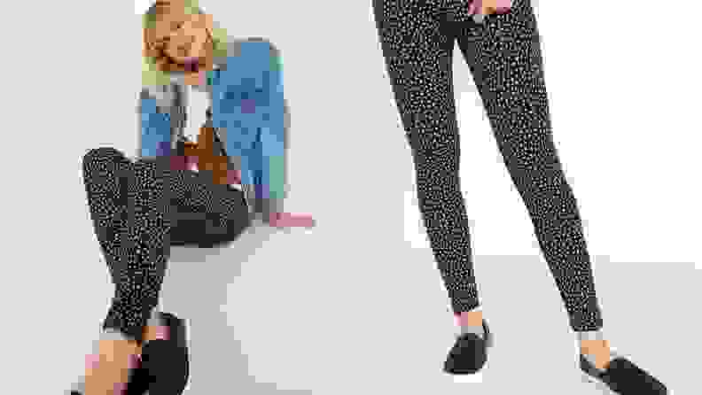 On the left, a blond model sits leaning back, wearing a jean jacket and black-and-white, polka-dotted leggings. To the right, we see what the leggings look like when the model stands up.