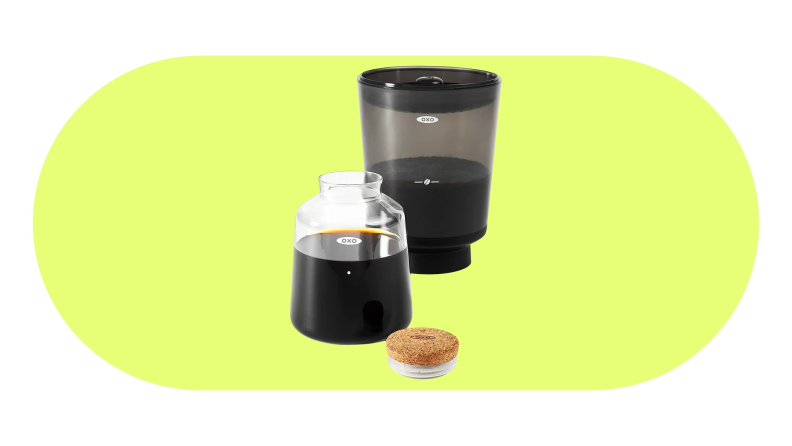 OXO Cold Brew Coffee Maker shillouetted against a yellow background.