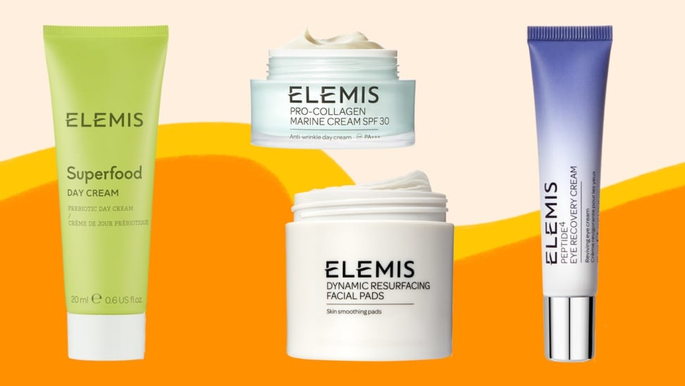 Assorted Elemis cosmetic products in tubes and jars.