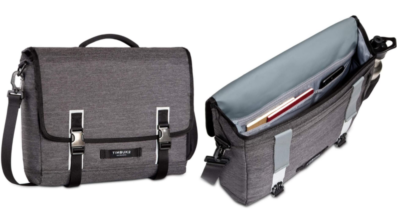 Grey laptop messenger commuter bag by Timbuk2, open Timbuk2 commuter bag showing inside contents.