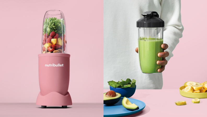A pink NutriBullet blender packed with fruits is pictured on the left. On the right, a person is holding a cup of green smoothie.