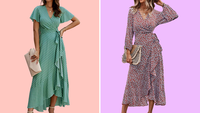 Two images of the same dress, one in green polka dot print and one in floral. The dress itself is a long wrap dress with a v neckline.