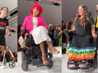 Split image of three models at the Runway of Dreams fashion show in New York City.