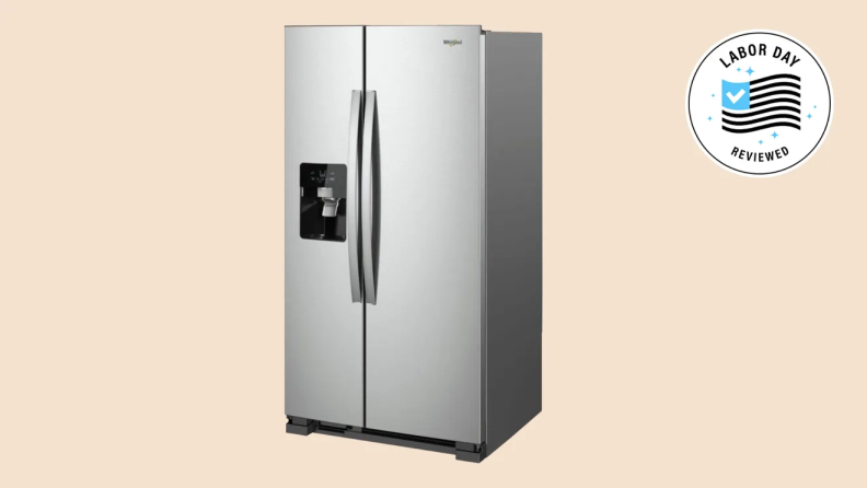 A Whirlpool fridge from Best Buy on a tan background with a Labor Day badge.