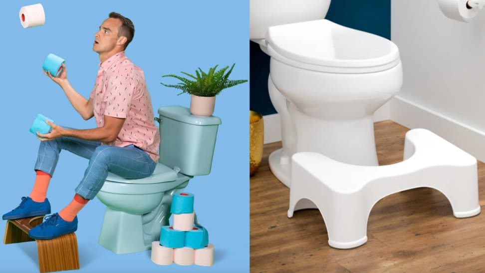 On right, man juggling blue and white toilet paper while sitting on toilet and using Squatty Potty. On right, white plastic Squatty Potty sitting on floor in front of toilet.