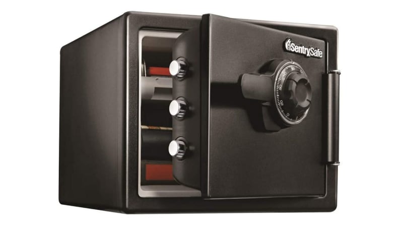 A fireproof safe on a white backdrop