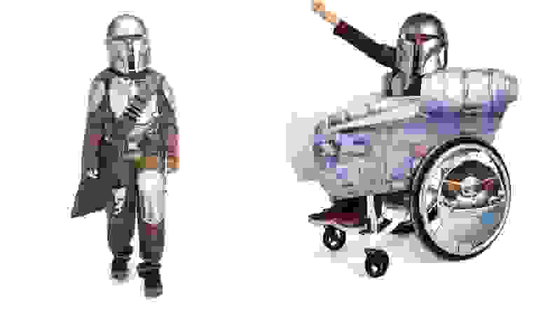 A child in a Mandalorian costume and a child in an accessible, wheelchair spaceship.
