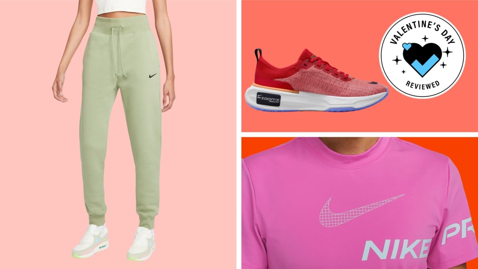 A collection of Nike items with the Valentine's Day Reviewed badge in front of colored backgrounds.