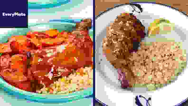 Left: A glazed chicken thick on a bed of couscous, all in a bright blue bowl. Right: A chicken thigh served next to couscous with a lemon wedge on a white plate.