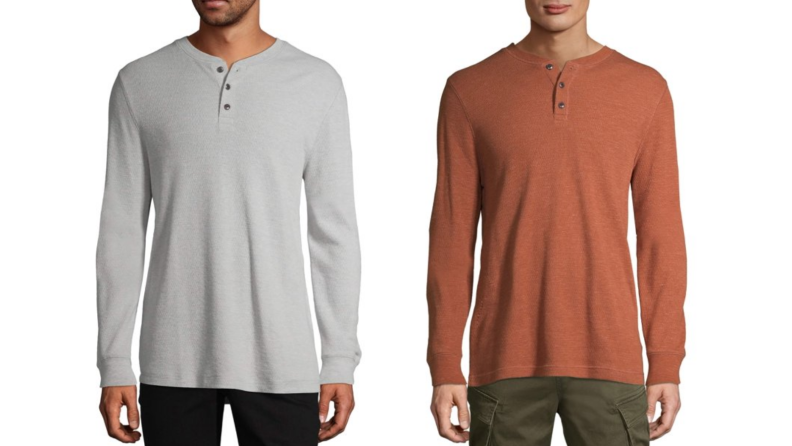 同一件亨利衬衫的两张图片，一张灰色，一张橙色。