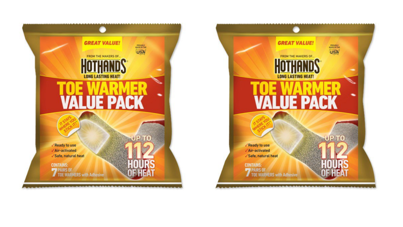 Two images of the same item: a bag of foot warming pads.