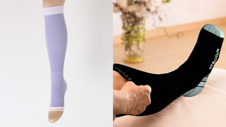Side-by-side image of a leg in a purple compression sock next to a leg in a black compression sock