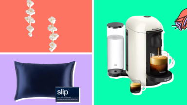 A colorful photo collage of a Kate Spade Precious Pansy Statement Linear Earrings, a navy blue Slip Pure Silk Pillowcase and a white Nespresso VertuoPlus Single-Serve Coffee Maker.
