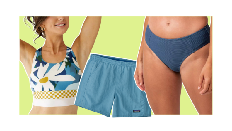 A bikini top, blue swim shorts, and a navy bikini bottom.