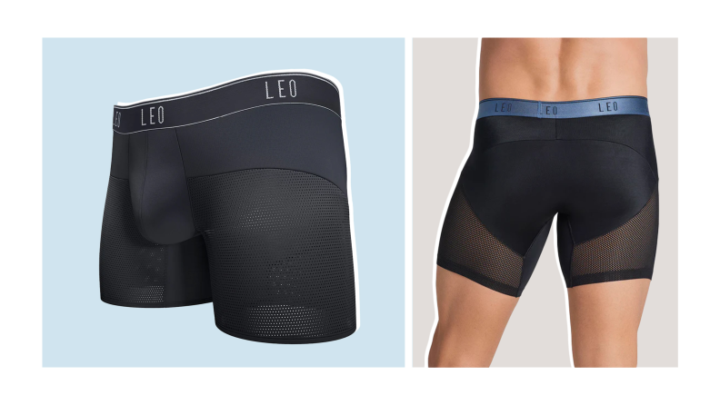 Collage image of a pair of black boxer briefs with mesh panels on the legs, and also a shot of a model wearing the same pair.