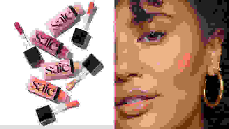 On the left: The four Saie Dew Blush colors with the applicators out of the tubes. On the right: A closeup of the left side of someone's face wearing a pink blush.