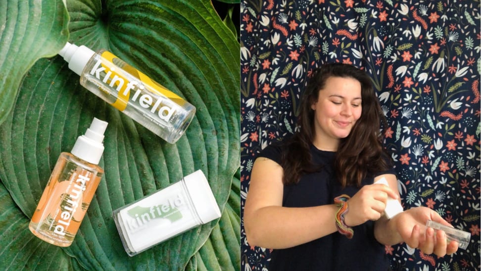 On the left: The Kinfield Golden Hour bug spray, Sunday Spray cooling mist, and Waterbalm universal moisturizer lay on a giant green leaf. On the right: A person stands against a colorful printed background and applies the Waterbalm to their left arm with their right hands while smiling.