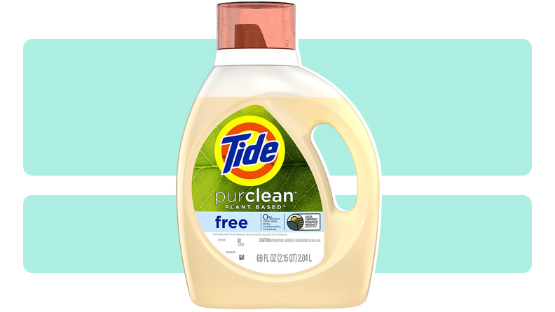 A bottle of Tide Purclean laundry detergent on an orange background.