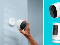 Person installing Google home security camera on the wall next to the Arlo and Ring home security cameras.