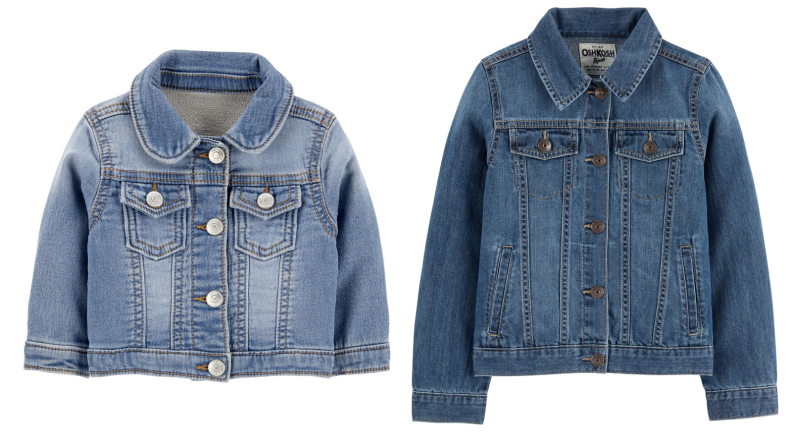 Two images of a denim jacket, sized for a toddler and a kid