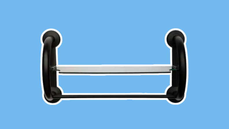 3-in-1 Grab Bars and Towel Shelf in Matte Black on a blue background.