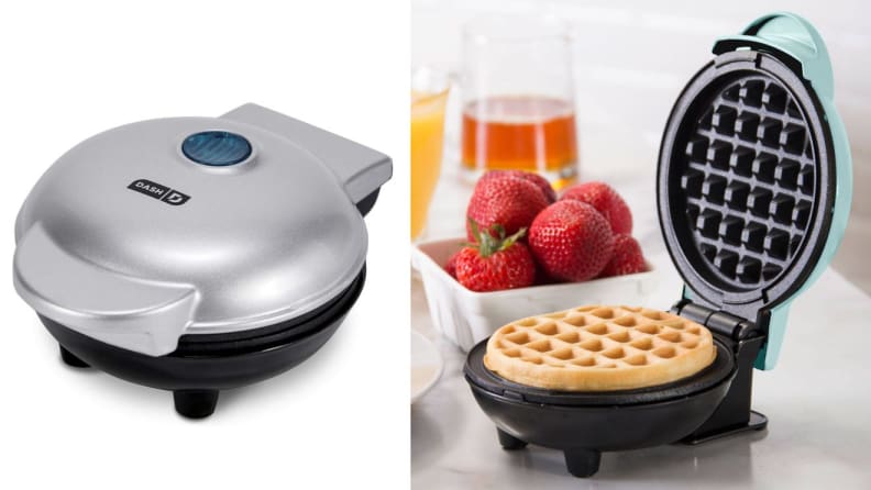 Close up of a stainless steel mini waffle maker.