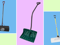 Three snow shovels against a colorful background.