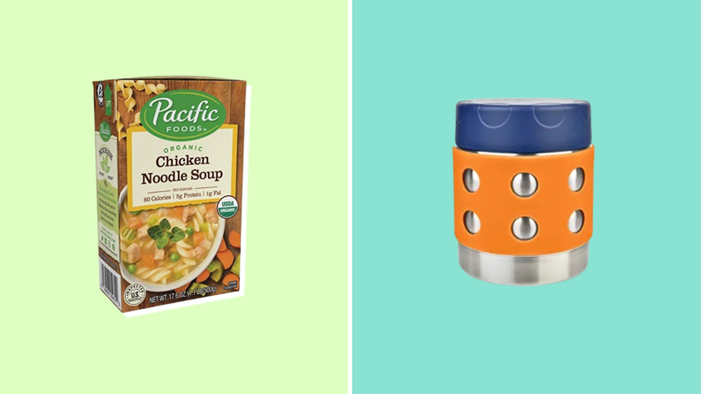 Boxed carton of Pacific foods Chicken Noodle Soup next to multi-colored resealable container.