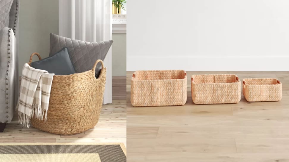 Wicker basket next to three smaller wicker baskets