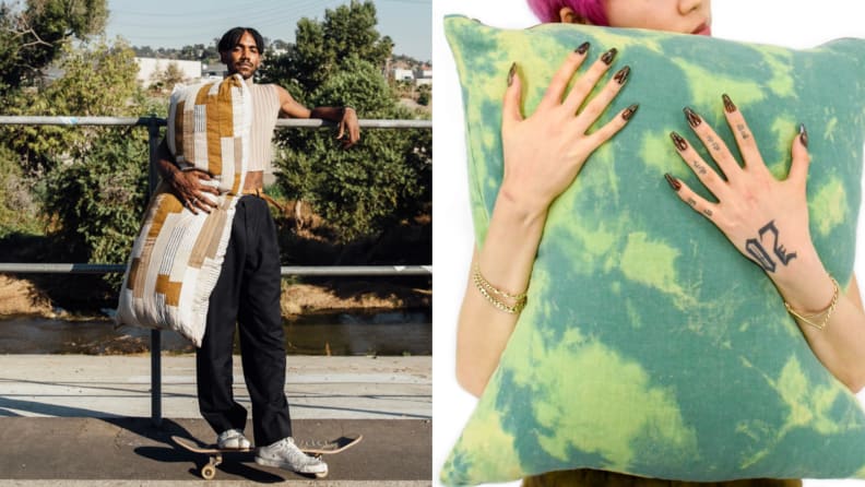 Left: person holding patchwork body pillow, right: close-up of person holding upcycled pillow