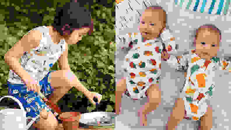 Left: a brunette child crouches down in a garden, wearing blue shorts and a white tank top, next to a watering can; two twin white babies lying down on a blanket with similarly multi-colored onesies on