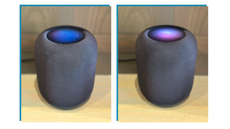 Two images of the HomePod on a wooden table. One with the HomePod top colored blue and the other with a multi-colored purple and blue top.