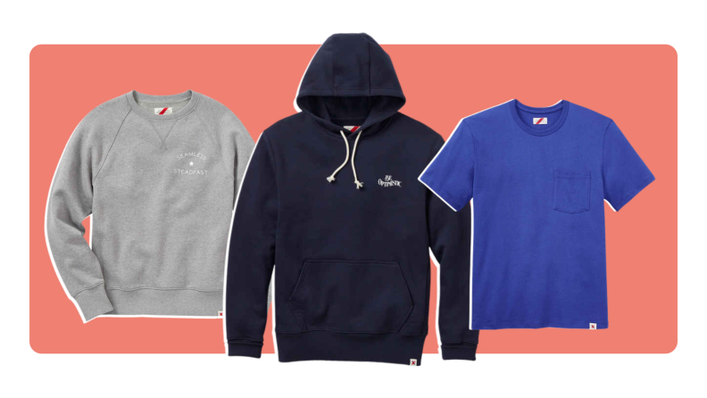 A gray sweatshirt, a navy hoodie, and a blue t-shirt.
