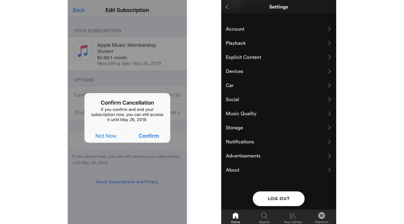 Screenshot of how to cancel Apple Music or Spotify