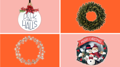 A variety of holiday wreaths against an orange and pink background.