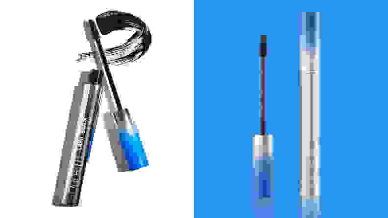 On the left: The Item Beauty Lash Snack tube with the wand next to it to show a black mascara formula. On the right: The tube of mascara on a blue background with its wand separate from the tube.