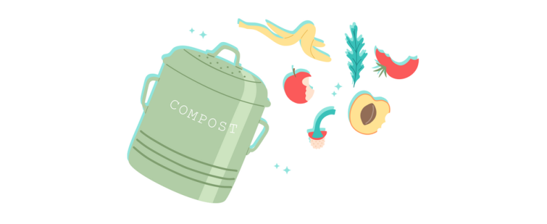 Graphic image of a container labeled "COMPOST" next to an array of half-eaten fruits and vegetables.