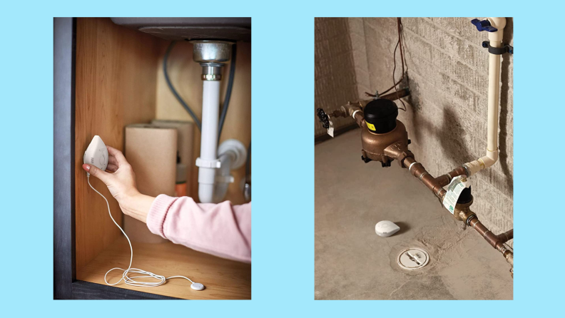 Two photos showing the Moen Flo filter plugged in. One is under the sink, another is in a basement.