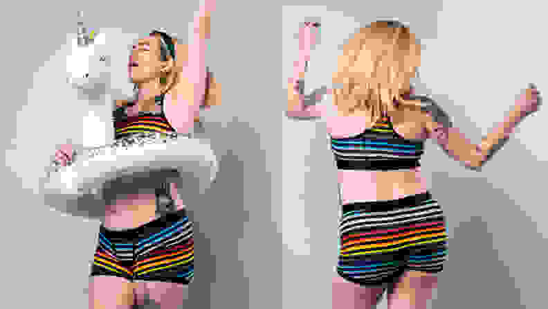 Split image of a person dancing in TomboyX underwear, one image back turned to camera, other image in a unicorn float.