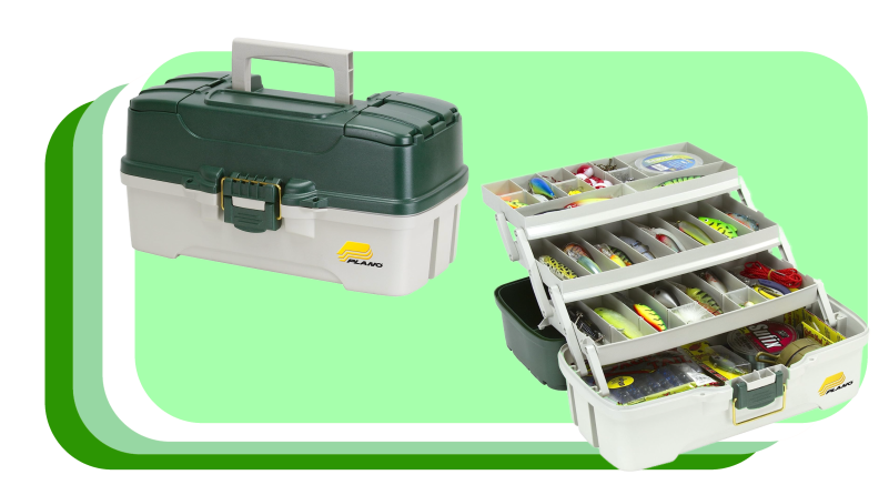 Opened and closed tackle box with fishing bait inside.