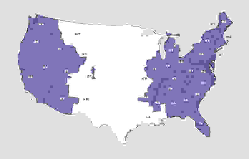 A map of the U.S. depicting Blue Apron's current delivery areas.