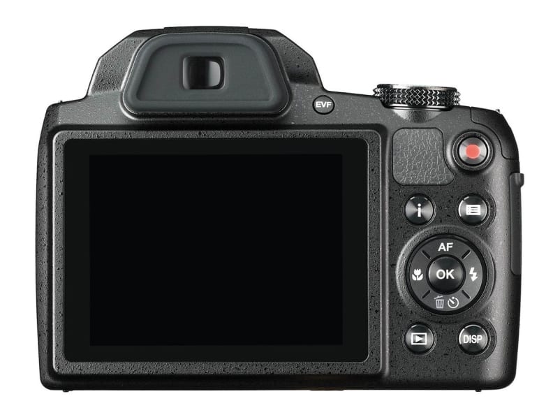 The Pentax XG-1 has a simple rear control panel with a basic layout, a 3-inch fixed LCD, and a small electronic viewfinder.