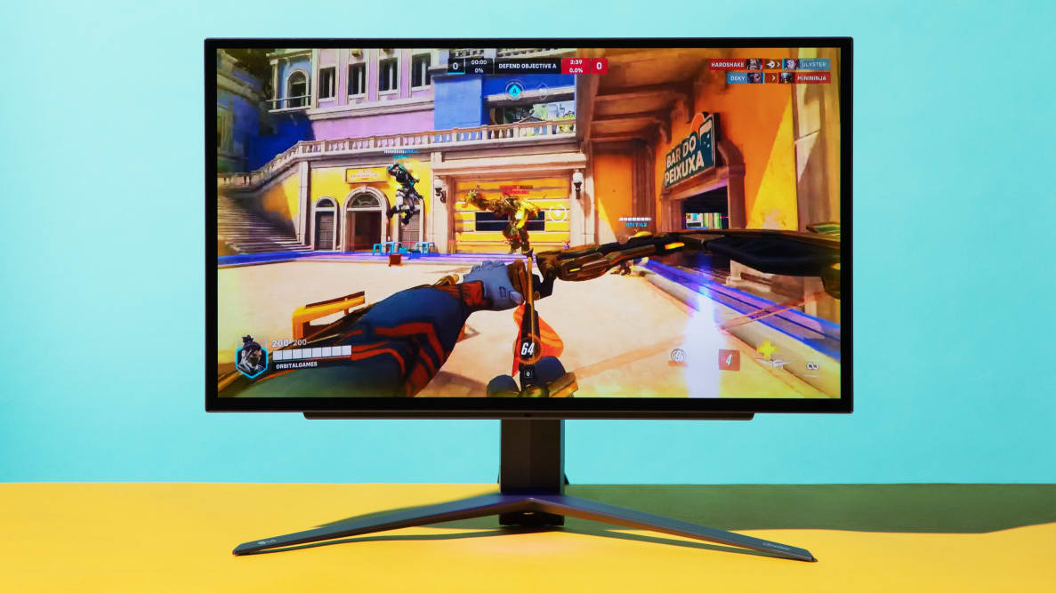 Looking at a 27 inch gaming monitor with overwatch 2 on screen