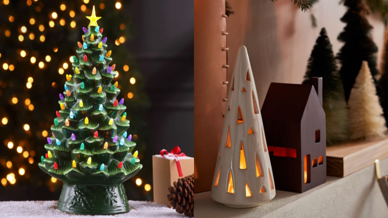 A green ceramic tree with multicolor lights sits next to a beige tree that's lit from within