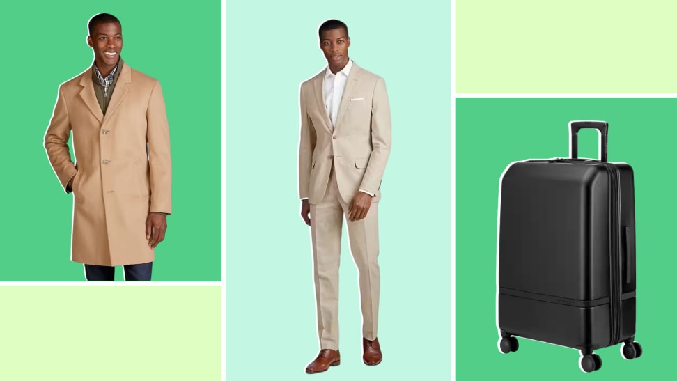 A collage featuring a black suitcase, a person modeling a top coat and another person a cream suit from Jos. A. Bank.
