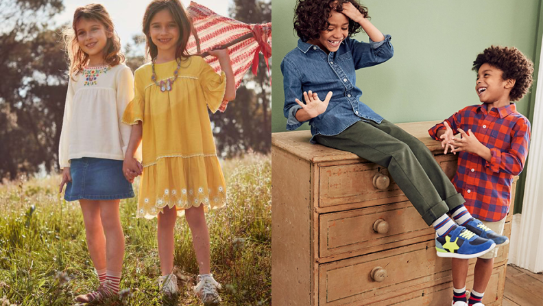 On the left: Two young girls standing in a field holding a kite. On the right: A young boy sits on top of a dresser and talk to another boy standing next to him.