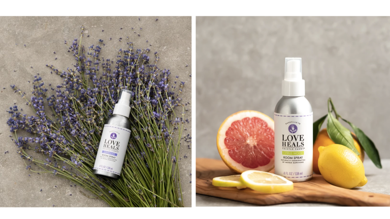 Two images of room spray bottles with lavender and grapefruit